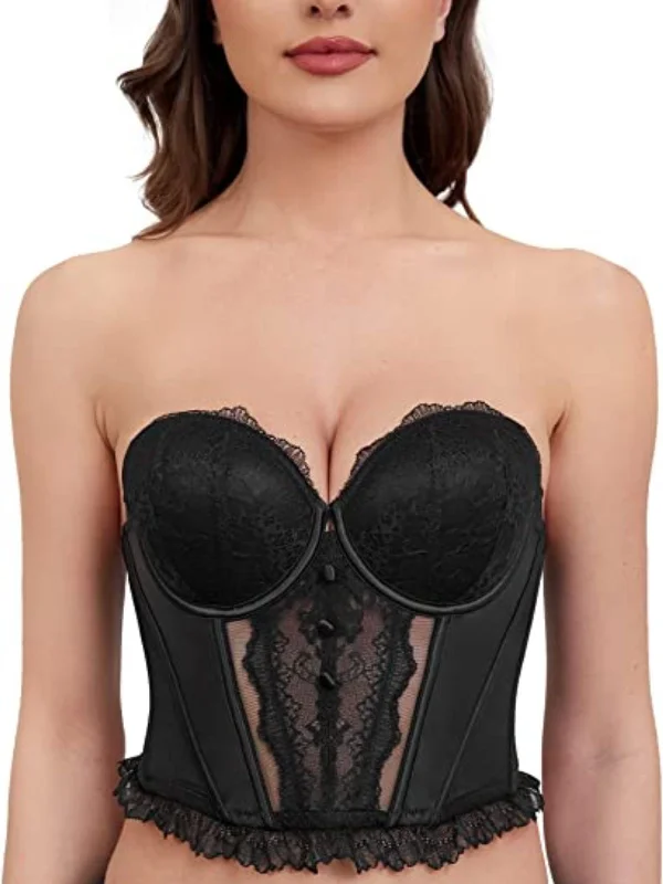 Strapless Bra Longline Corset Push Up Boned Underwire Sexy Sheer Mesh Lace-Trim Black