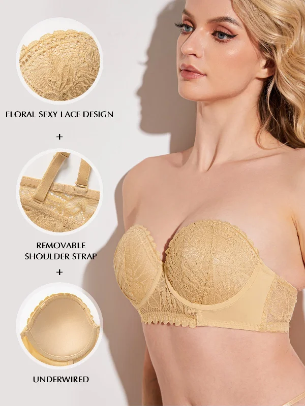 Strapless Floral Lace Underwire Bra Nude